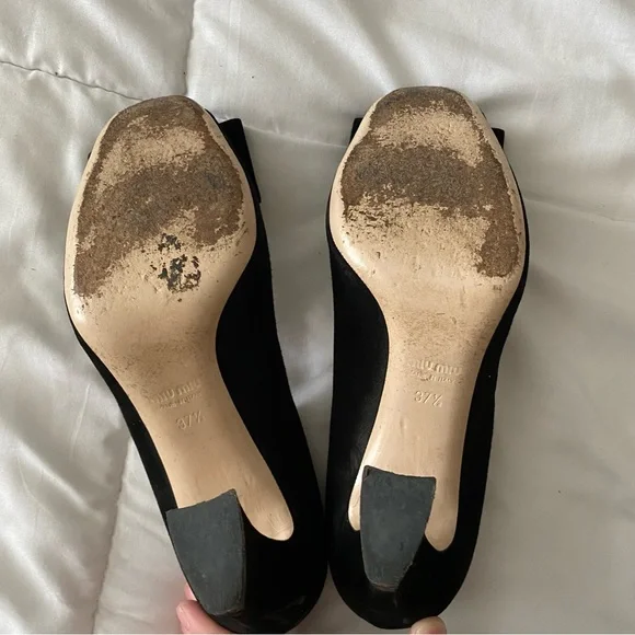Miu Miu Black Suede Bow Peep Toe Pump - Picture 7 of 8